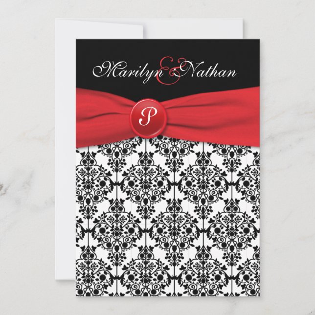 Black Damask mit Poppy Red Wedding Einladung (Vorderseite)