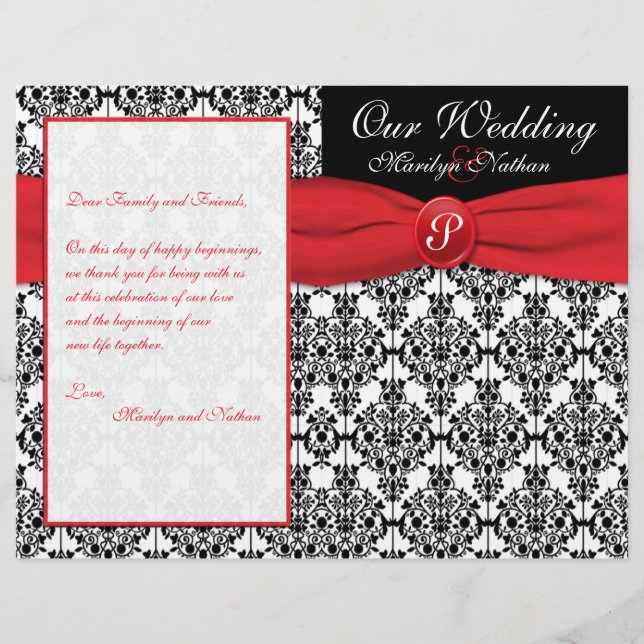 Black Damask mit Poppy Red Wedding Program (Vorderseite)