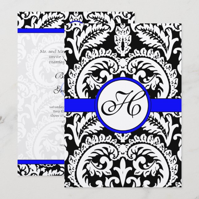 Black Damask mit Royal Blue Wedding Einladung (Vorne/Hinten)