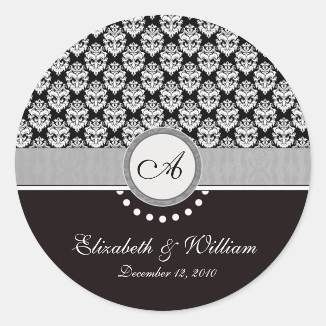 Black Damask Monogram Wedding Aufkleber (Vorderseite)