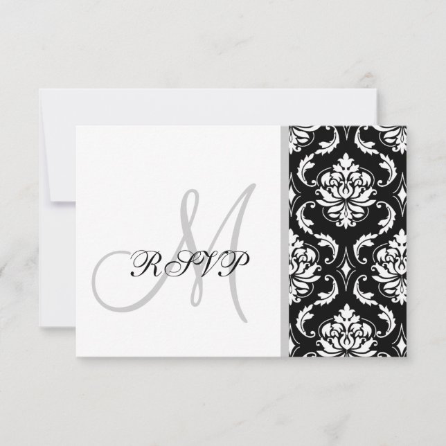 Black Damask Monogram Wedding RSVP Karte (Vorderseite)