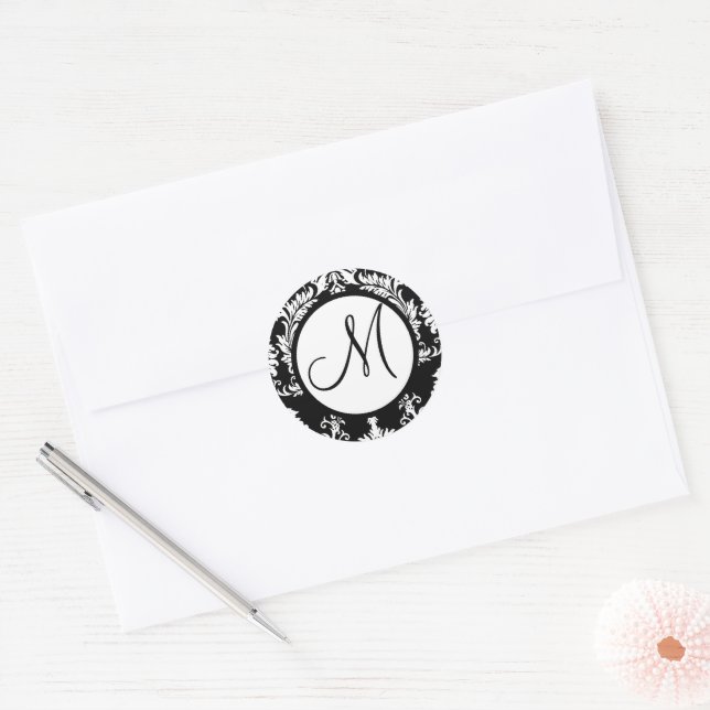 Black Damask Monogram Wedding Siegel Runder Aufkleber (Umschlag)