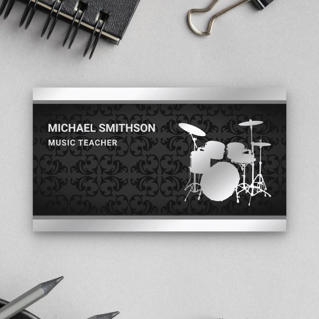 Black Damask Music Teacher Silver Drum Kit Drummer Visitenkarte (Von Creator hochgeladen)
