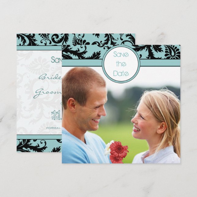 Black Damask on Aqua Wedding Save the Date Einladung (Vorne/Hinten)
