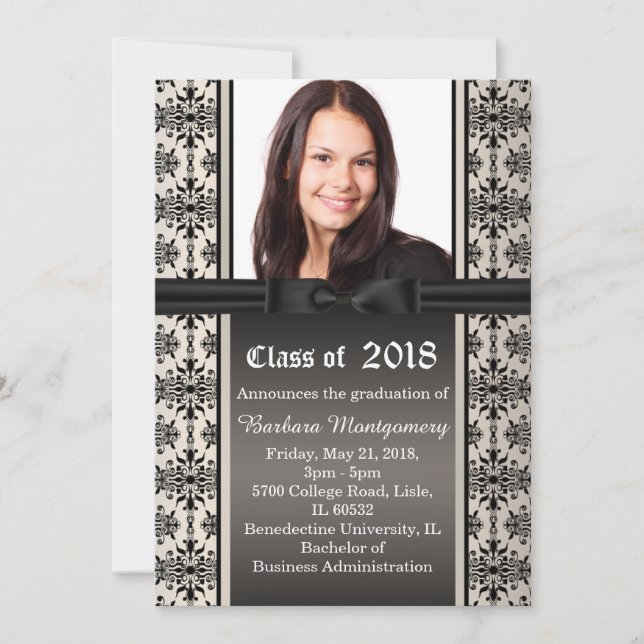 Black Damask on Silber Graduation Party Einladung (Vorderseite)