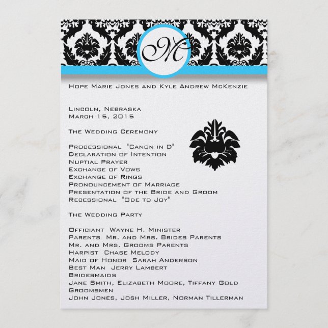 Black Damask on White Aqua Trim Wedding Program Programm (Vorderseite)
