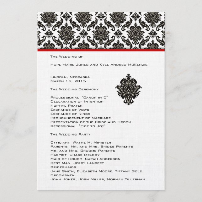 Black Damask on White Red Trim Wedding Program Programm (Vorderseite)