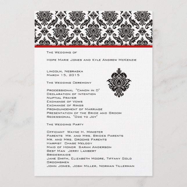Black Damask on White Red Trim Wedding Program Programm (Rückseite)