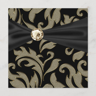 Black Damask Party Einladung in Gold, Schwarze Kra
