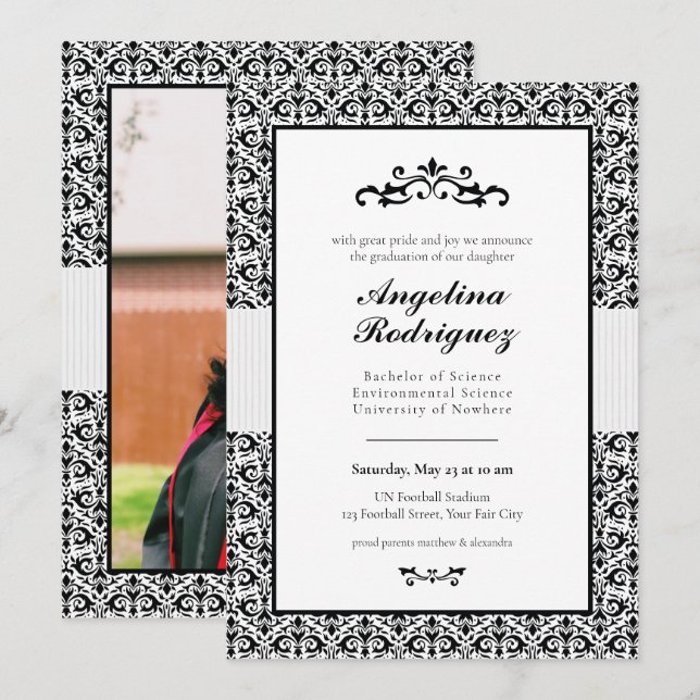 Black Damask Pattern Foto Abschluss Einladung (Vorne/Hinten)