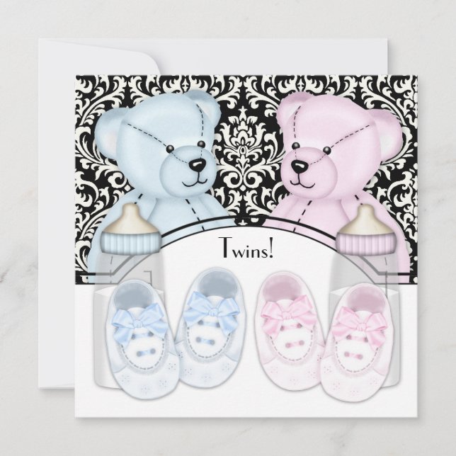 Black Damask Pink Blue Teddy Bear Twin Baby Dusche Einladung (Vorderseite)