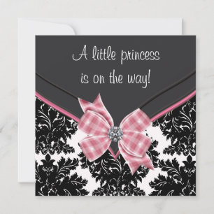 Black Damask Pink Bow Princess Baby Dusche Einladung