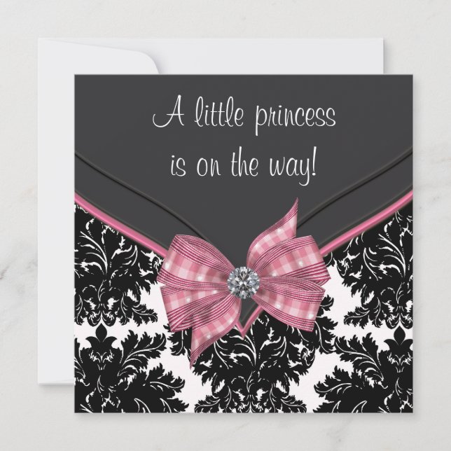 Black Damask Pink Bow Princess Baby Dusche Einladung (Vorderseite)