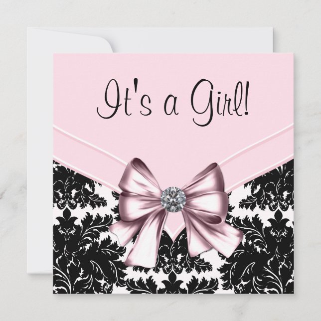 Black Damask Pink und Black Baby Dusche Einladung (Vorderseite)