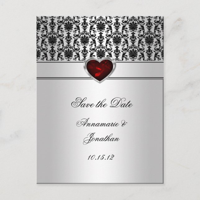 Black Damask Red Jewel Heart Silver Rett The Da Ankündigungspostkarte (Vorderseite)