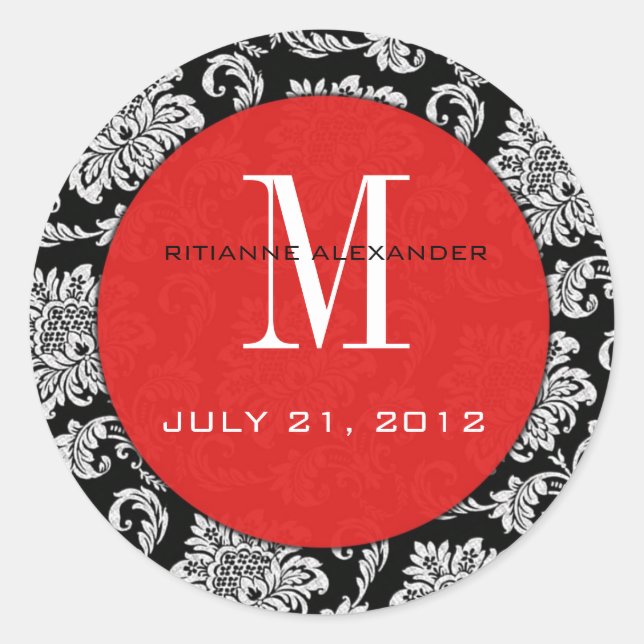 Black Damask Red Monogram Wedding Sticker (Vorderseite)
