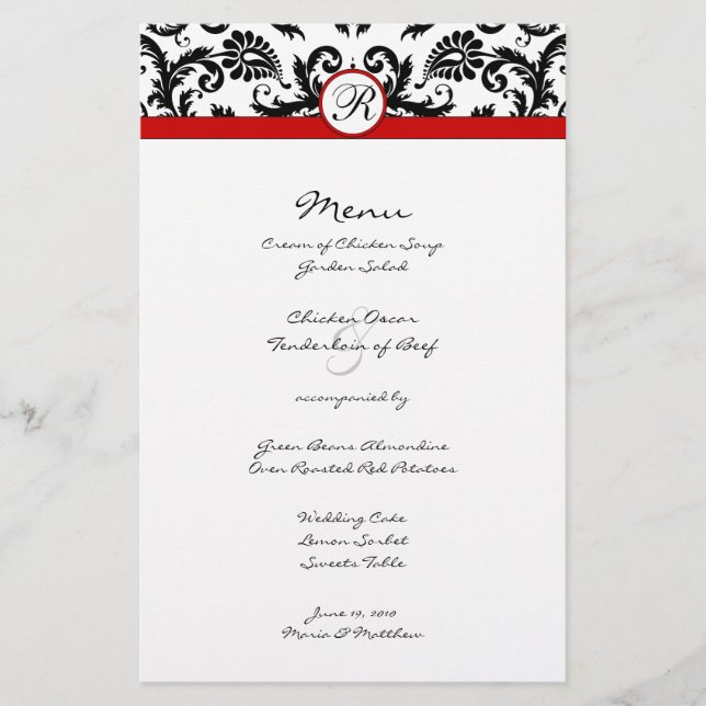 Black Damask Red Trim Wedding Menu (Vorderseite)