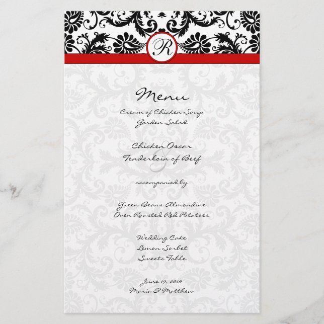 Black Damask Red Trim Wedding Menu (Vorderseite)
