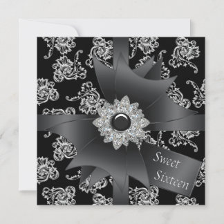 Black Damask Schwarz-weiß Sweet 16 Party Einladung