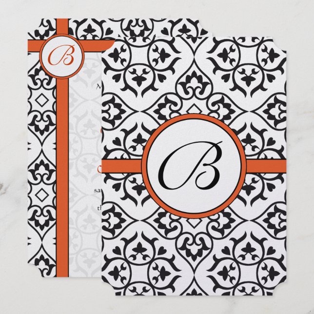 Black Damask Side Borders Orange Trim Wedding Einladung (Vorne/Hinten)