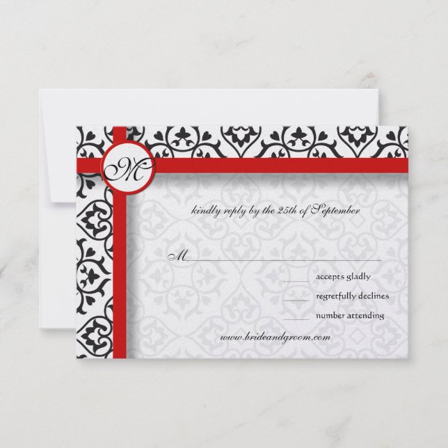 Black Damask Side Borders Red Trim Wedding RSVP Karte (Vorderseite)