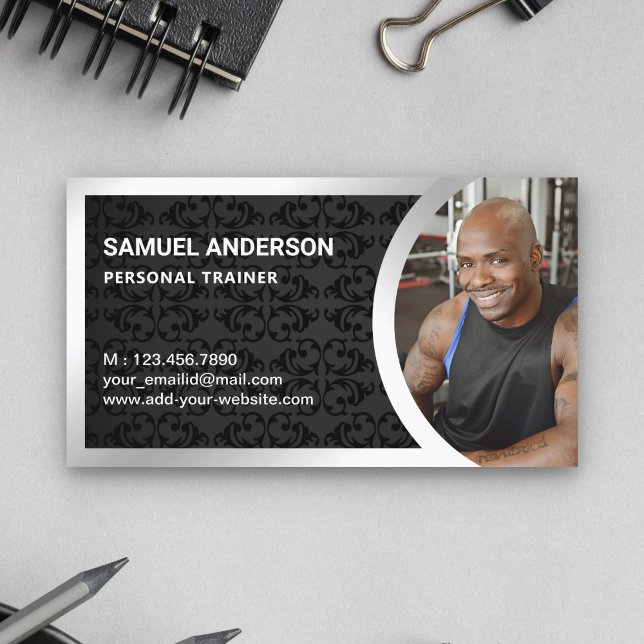 Black Damask Silver Fitness Personal Trainer Foto Visitenkarte (Von Creator hochgeladen)