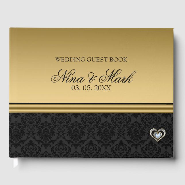 Black Damask Silver Gold Herz Gästebuch (Vorderseite)