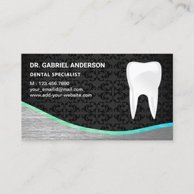 Black Damask Steel Tooth Zahnarzt Visitenkarte (Vorderseite)