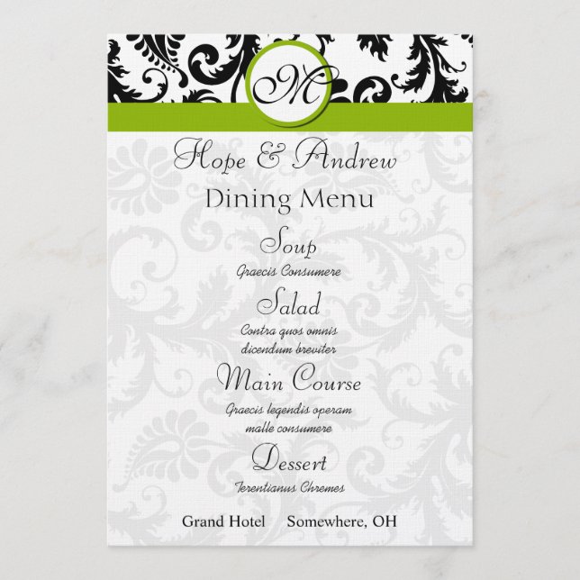 Black Damask Swirl Apple Green Wedding Menu Menükarte (Vorderseite)
