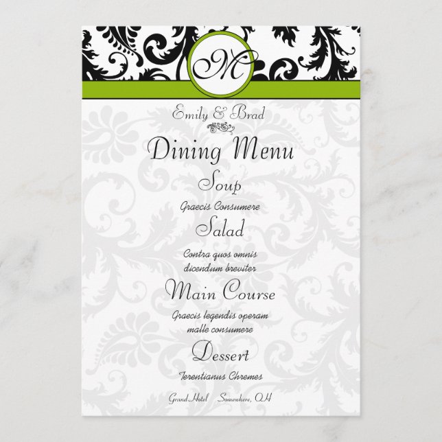 Black Damask Swirl Apple Green Wedding Menu Menükarte (Vorderseite)