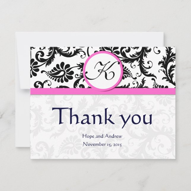 Black Damask Swirl Mariage rose Merci Cartes (Devant)