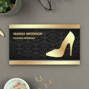 Black Damask Trendy Gold Foil High Heels Stilettos Visitenkarte