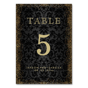 Black Damask und Gold Confetti Glitzer - Tischkart Tischnummer