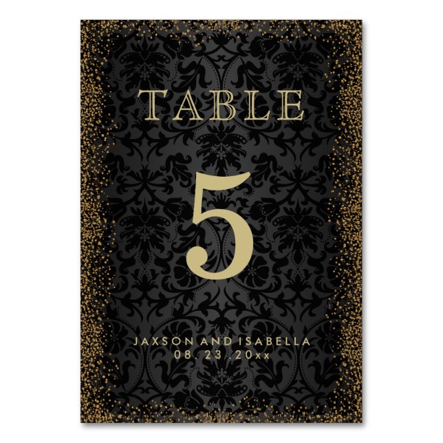 Black Damask und Gold Confetti Glitzer - Tischkart Tischnummer (Vorderseite)