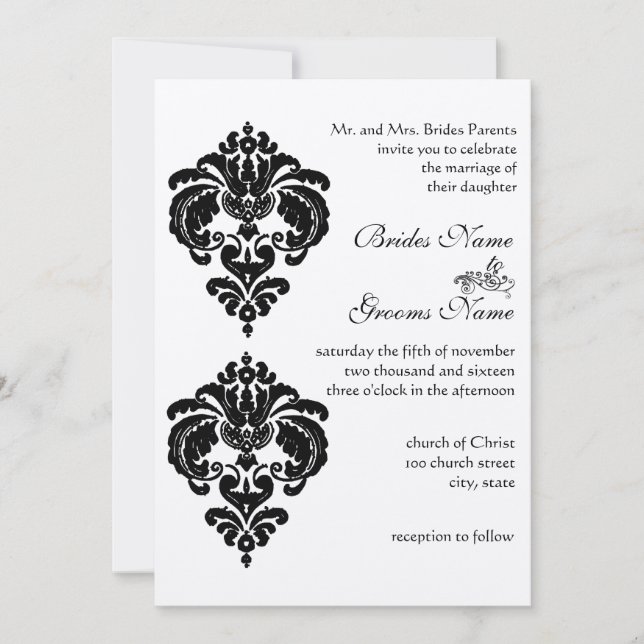 Black Damask Wedding Invitations Einladung (Vorderseite)