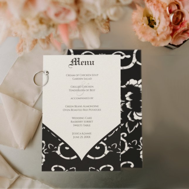 Black Damask Wedding Menu Menükarte (Von Creator hochgeladen)