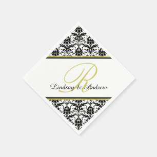Black Damask White Gold Monogram Wedding Serviette