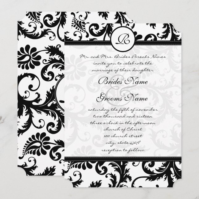Black Damask Wirbel mit Dots Wedding Einladung (Vorne/Hinten)
