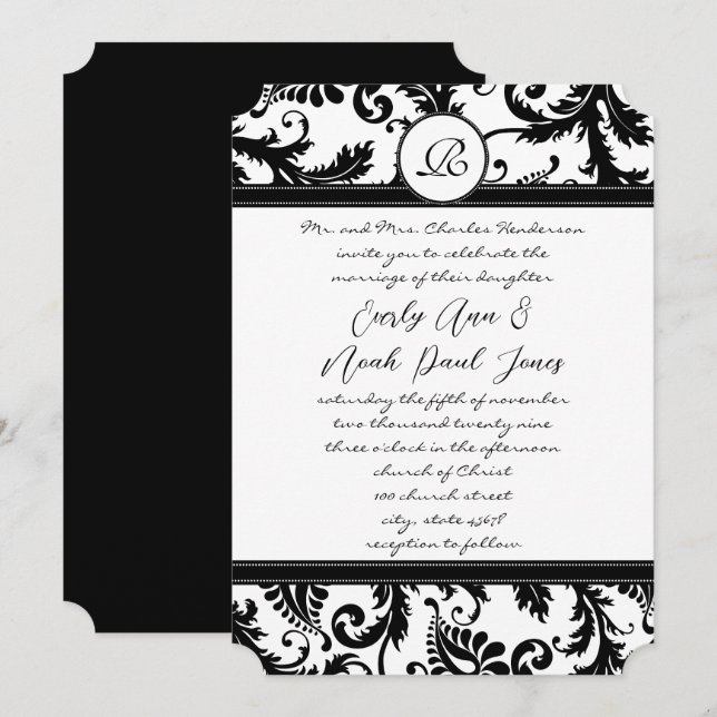 Black Damask Wirbel mit Dots Wedding Einladung (Vorne/Hinten)