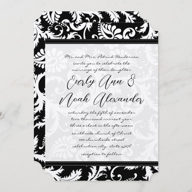 Black Damask Wirbel mit Dots Wedding Einladung (Vorne/Hinten)