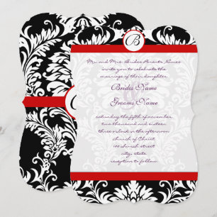 Black Damask Wirbel Red Trim Lila Schriftart Hochz Einladung
