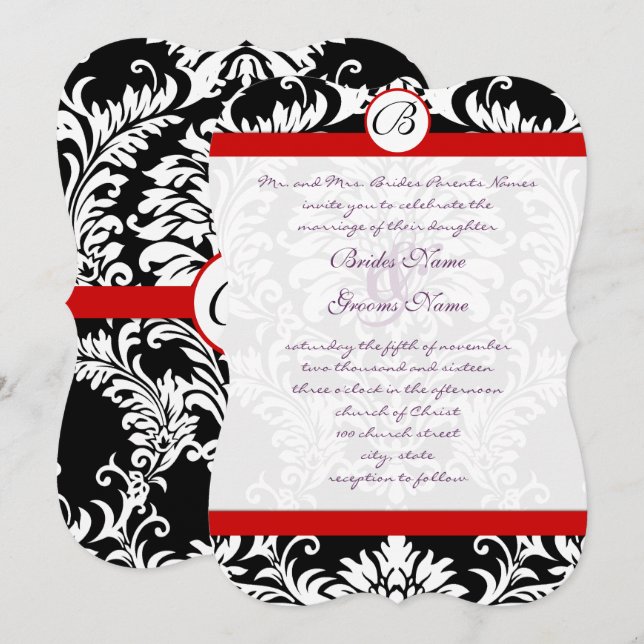 Black Damask Wirbel Red Trim Lila Schriftart Hochz Einladung (Vorne/Hinten)