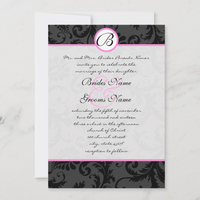 Black Damask Wirbel Rosa Trim Hochzeitseinladungen Einladung (Vorderseite)