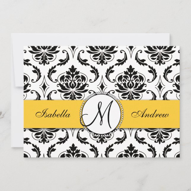 Black Damask Yellow Wedding Einladung (Vorderseite)