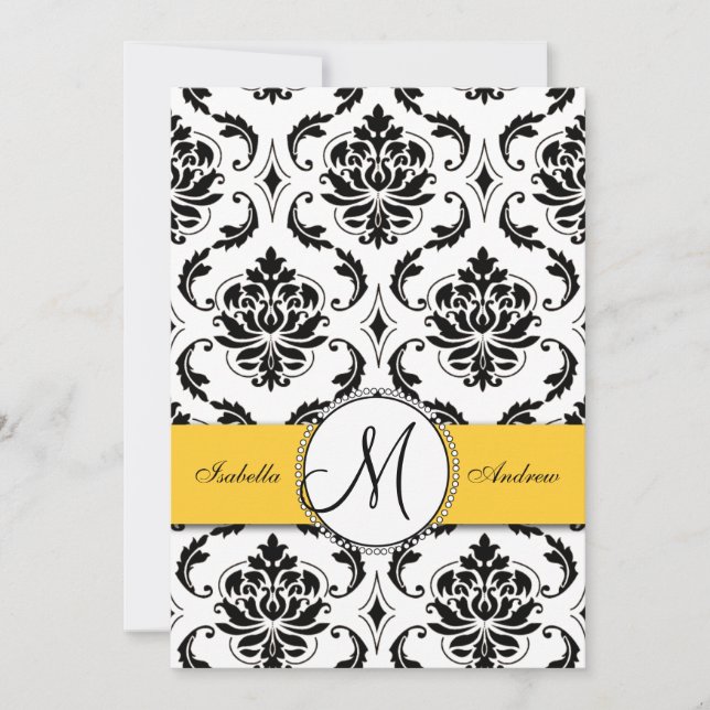 Black Damask Yellow Wedding Einladung (Vorderseite)