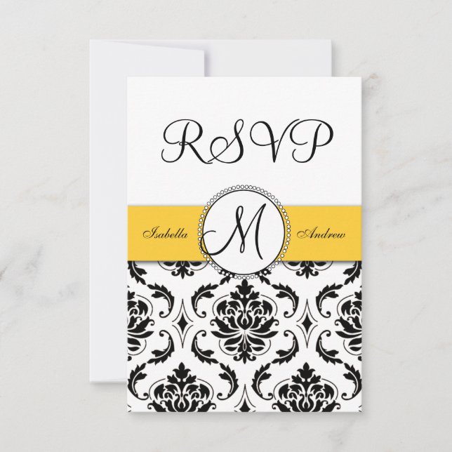 Black Damask Yellow Wedding RSVP Karte (Vorderseite)