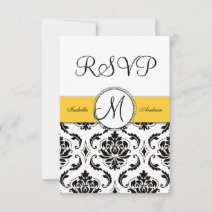 Black Damask Yellow Wedding RSVP Karte