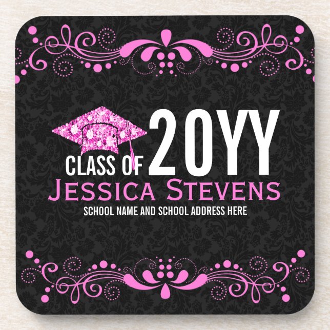 Black Damasks Pinke Lace & Diamonds Hat Grad 2015 Getränkeuntersetzer (Vorderseite)