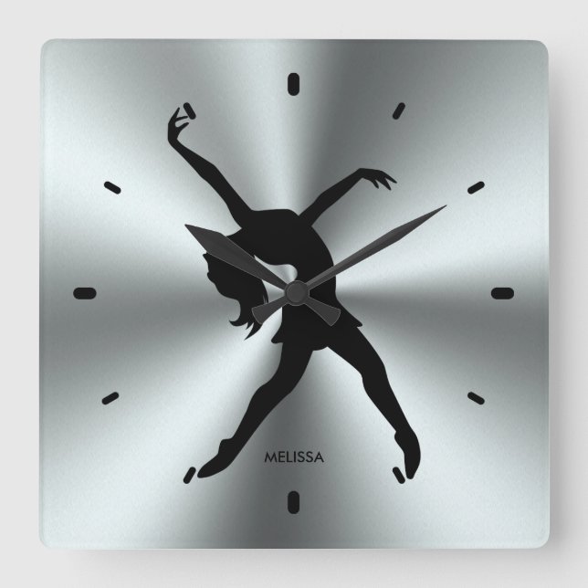 Black Dancer Silhouette On Stainless Steel Print Quadratische Wanduhr (Vorderseite)