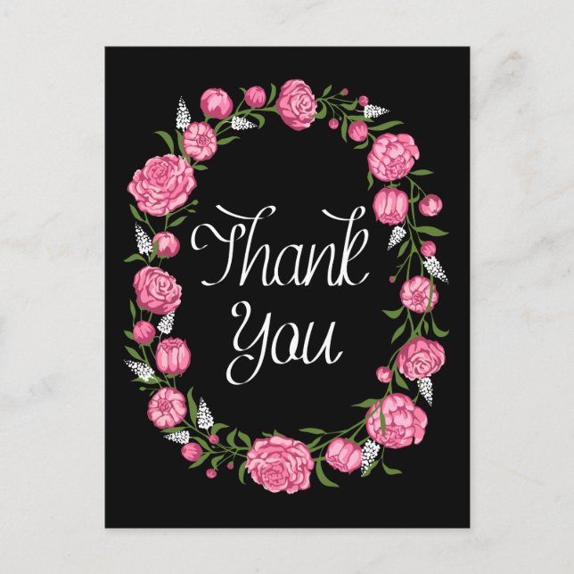 Black Danke Pink Peony Floral Wreath Postkarte (Vorderseite)
